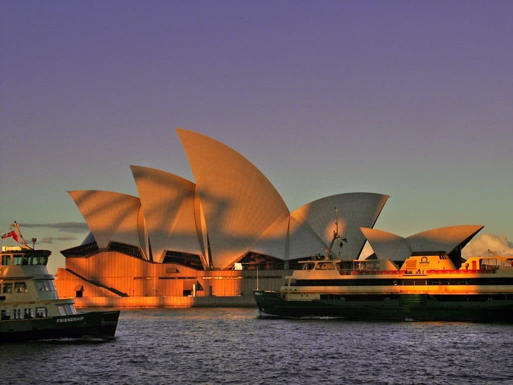 The sails of the Sydney Opera House at sunset