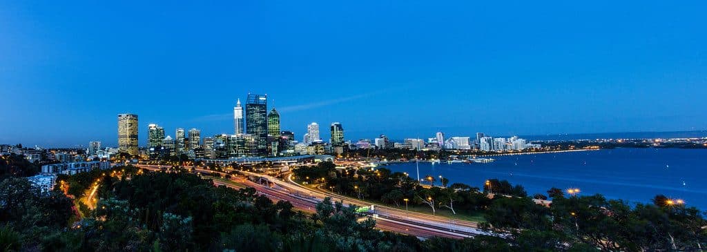 Perth city skyline at dusk from Kings Park
